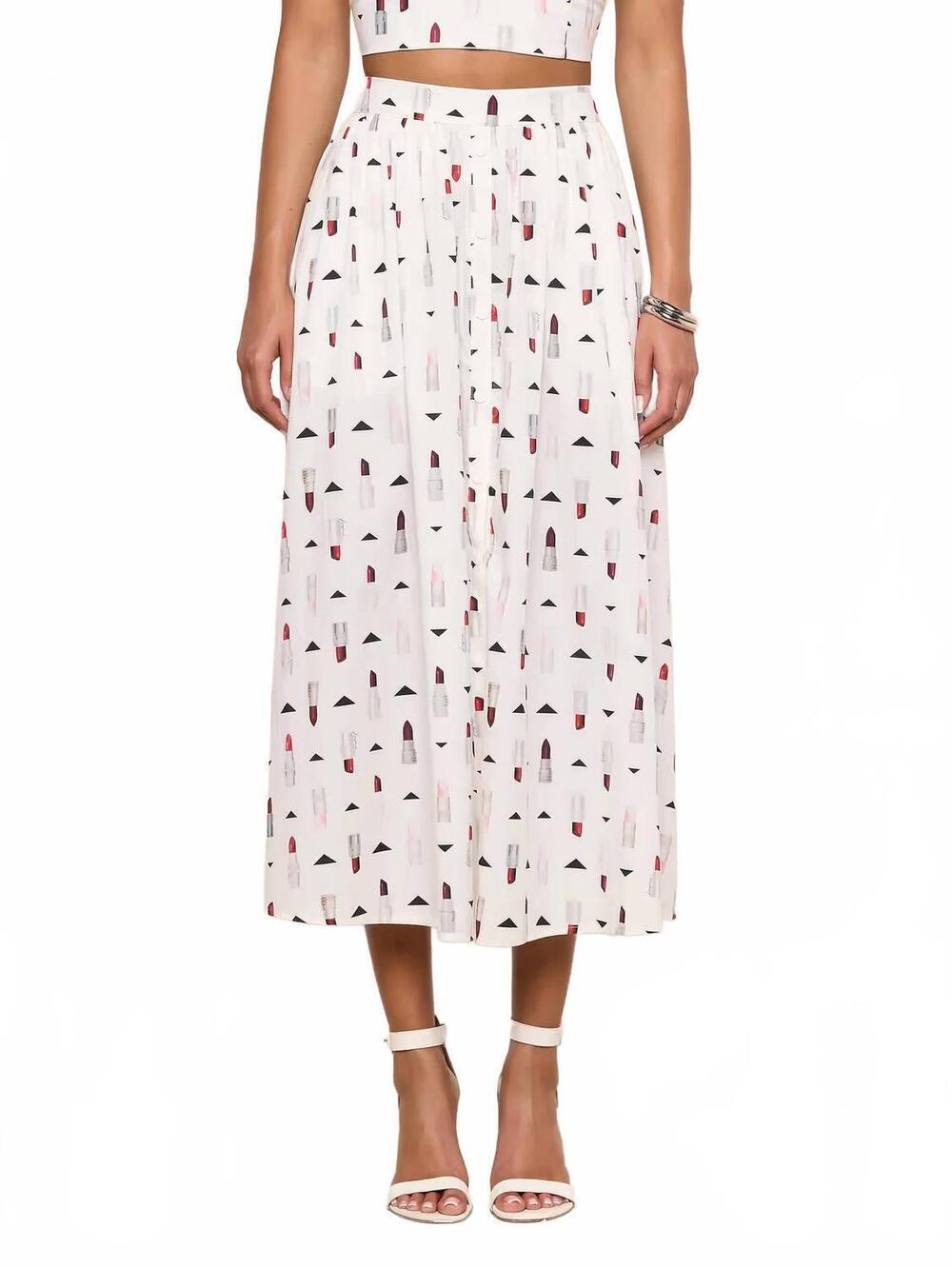 NEW L'AGENCE women's seina poplin midi skirt in ivory multi lipstick geo
